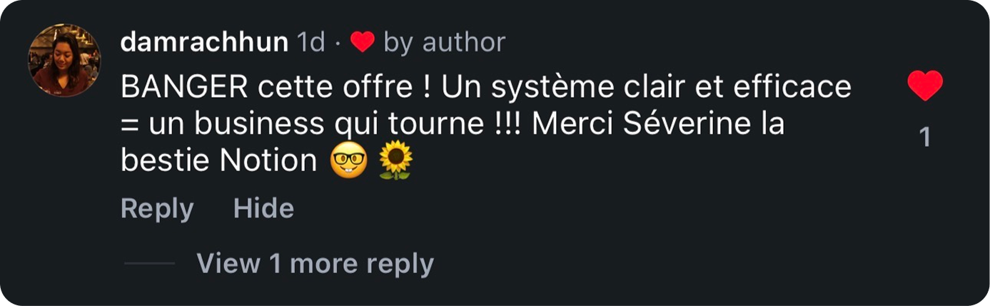 Commentaire Instagram sur l’offre du bootcamp