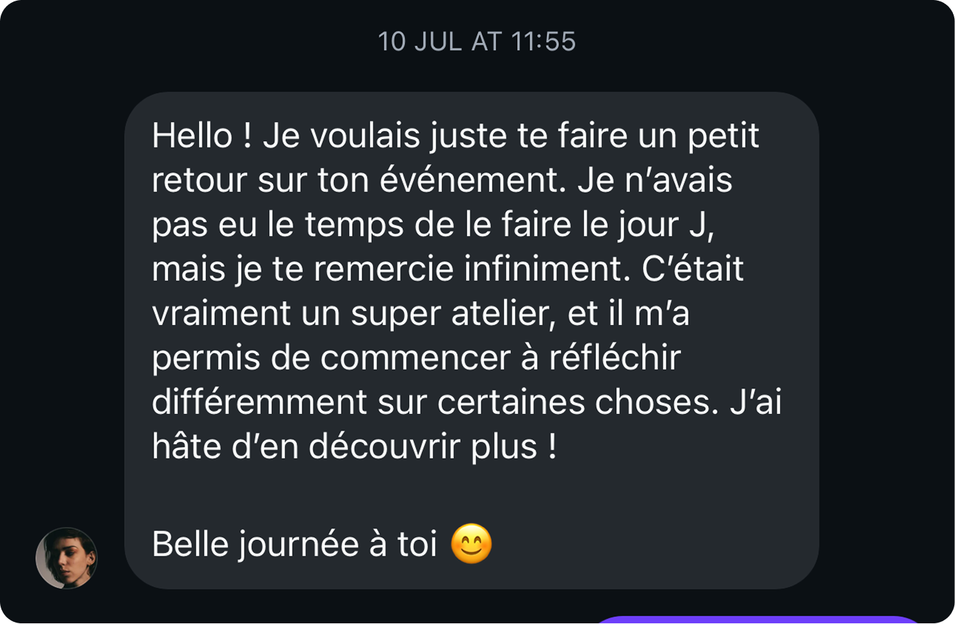 Message d’une cliente après un atelier Notion